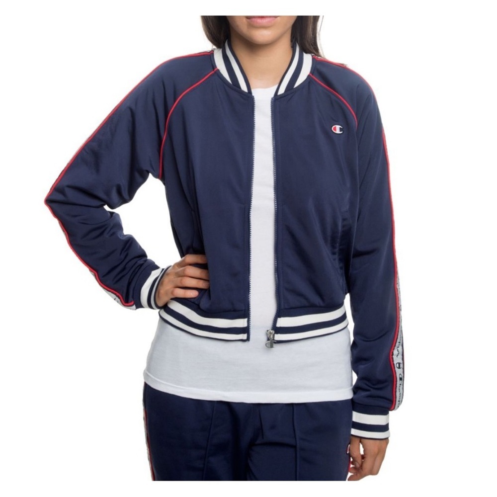 Champion Navy Varsity Jacket with Red and White Accents
